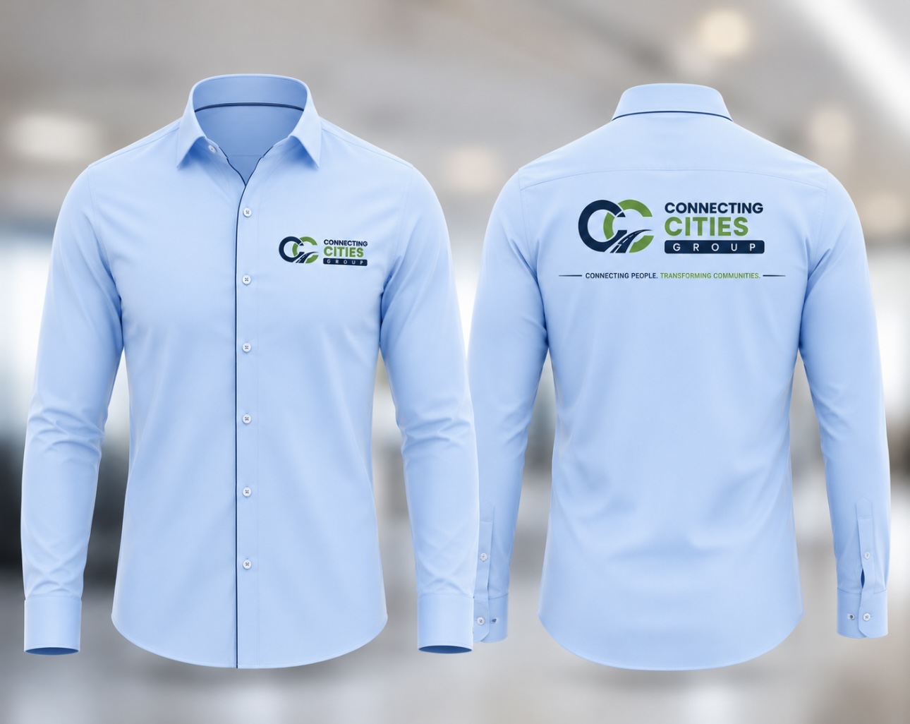 Connecting Cities Group blue corporate shirt